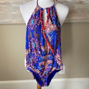 Cremieux vibrant paisley one piece with pom pom trim